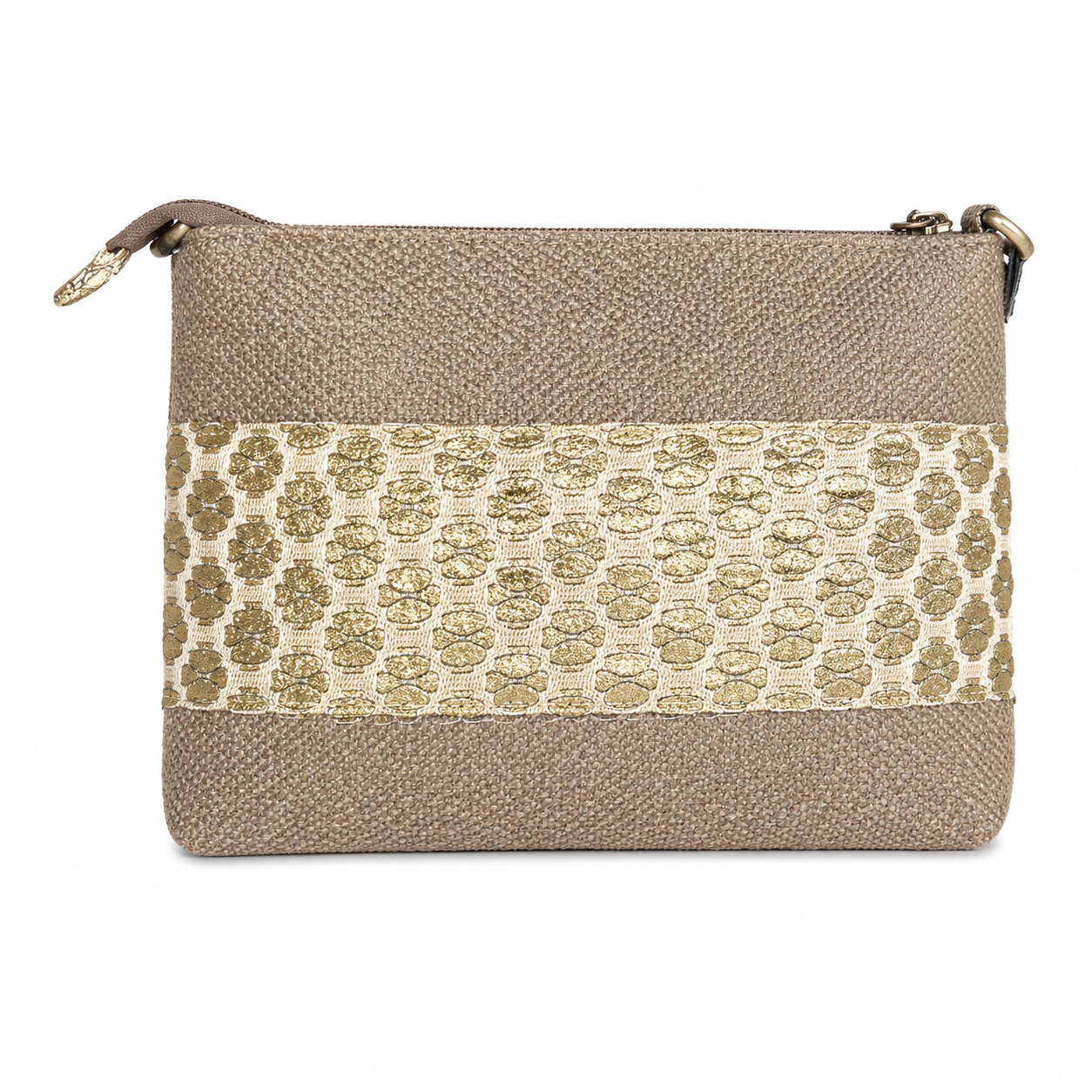 Taupe clutch with gold accents